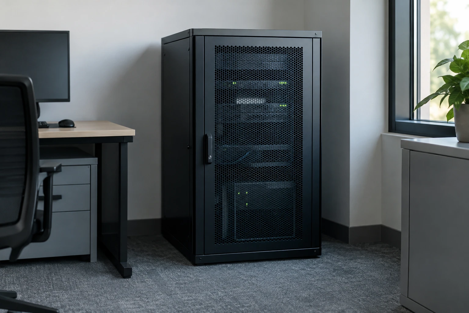 Armoire réseau noire avec équipements rackés et voyants verts dans bureau lumineux