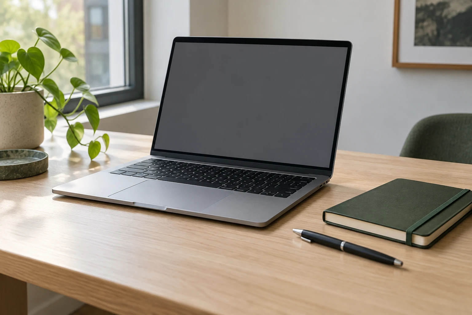 Ordinateur portable ouvert sur bureau en bois, carnet vert, stylo et plante près de la fenêtre