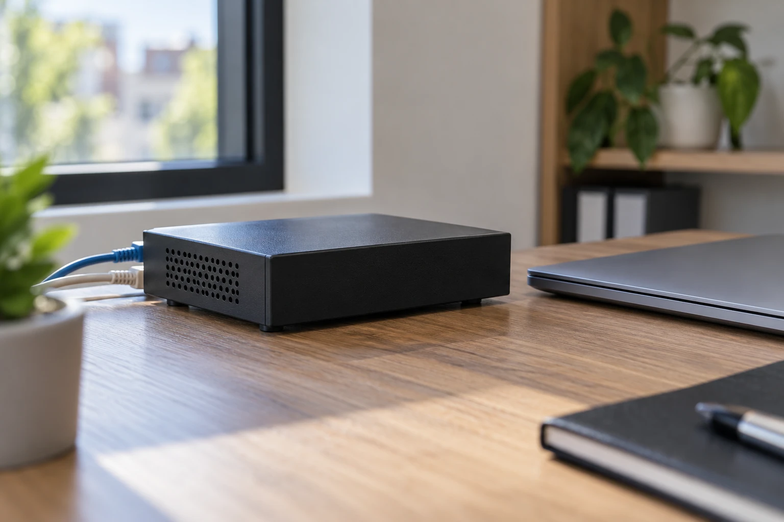 Boîtier réseau noir connecté par câbles sur un bureau près d’un ordinateur portable