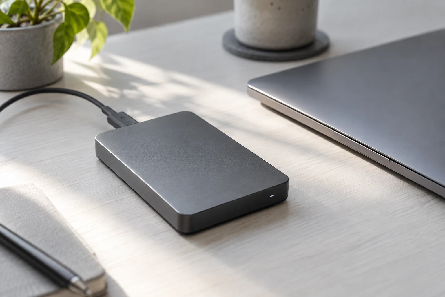 Disque dur externe gris connecté à un ordinateur portable sur un bureau lumineux