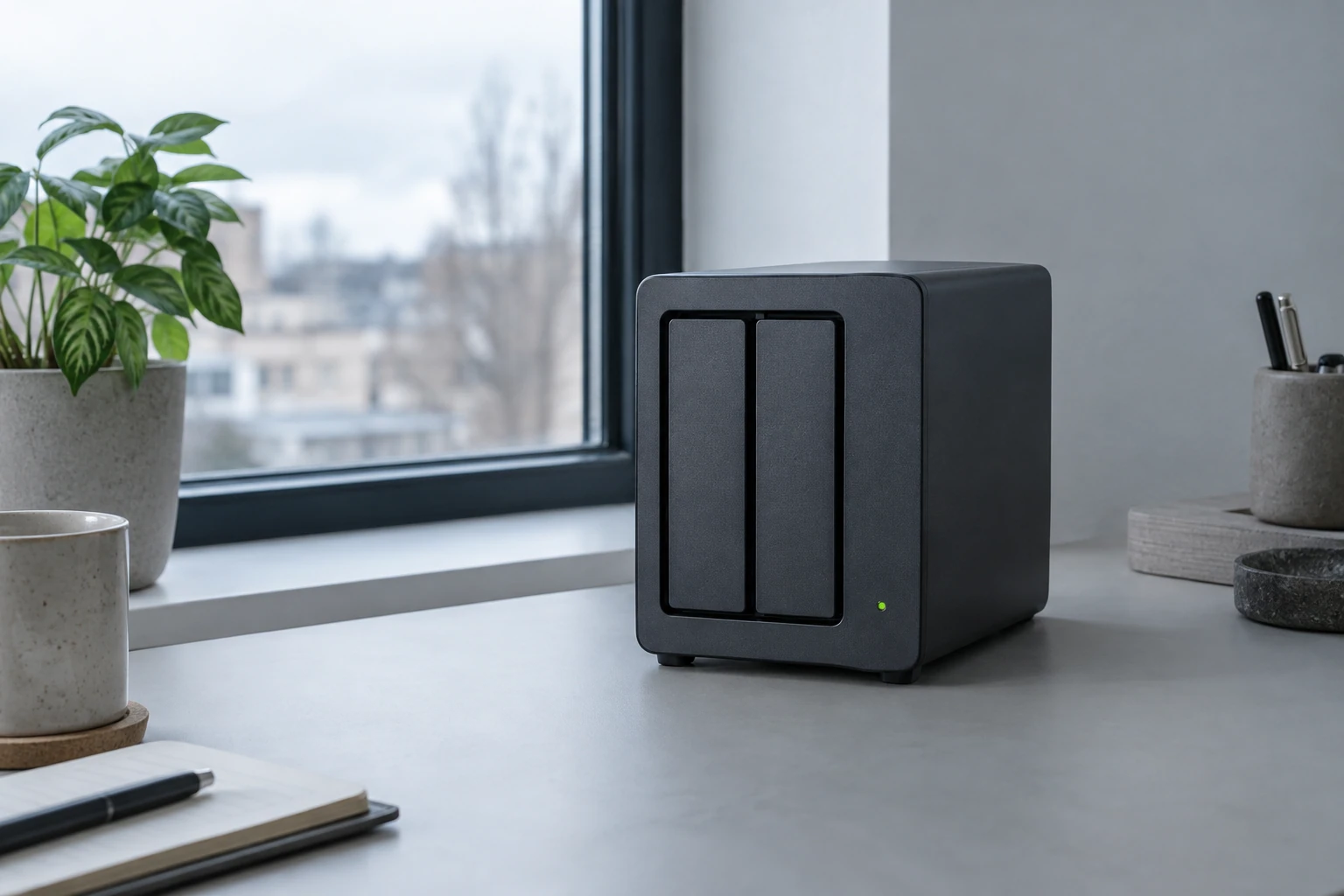 Boîtier NAS noir à deux baies posé sur un bureau près d'une fenêtre, lumière naturelle
