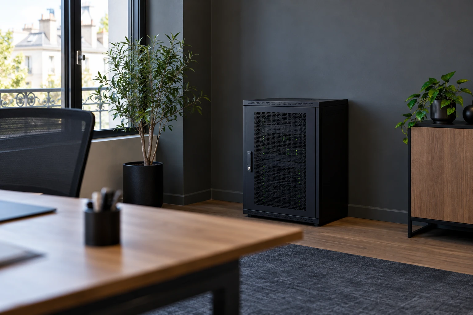 Bureau moderne éclairé, armoire serveur noire posée contre mur gris, plantes près de la fenêtre