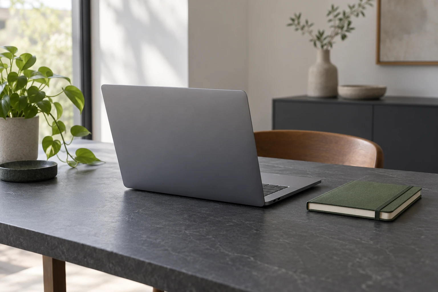 Ordinateur portable fermé sur table, carnet vert à côté, plante et vase en arrière-plan